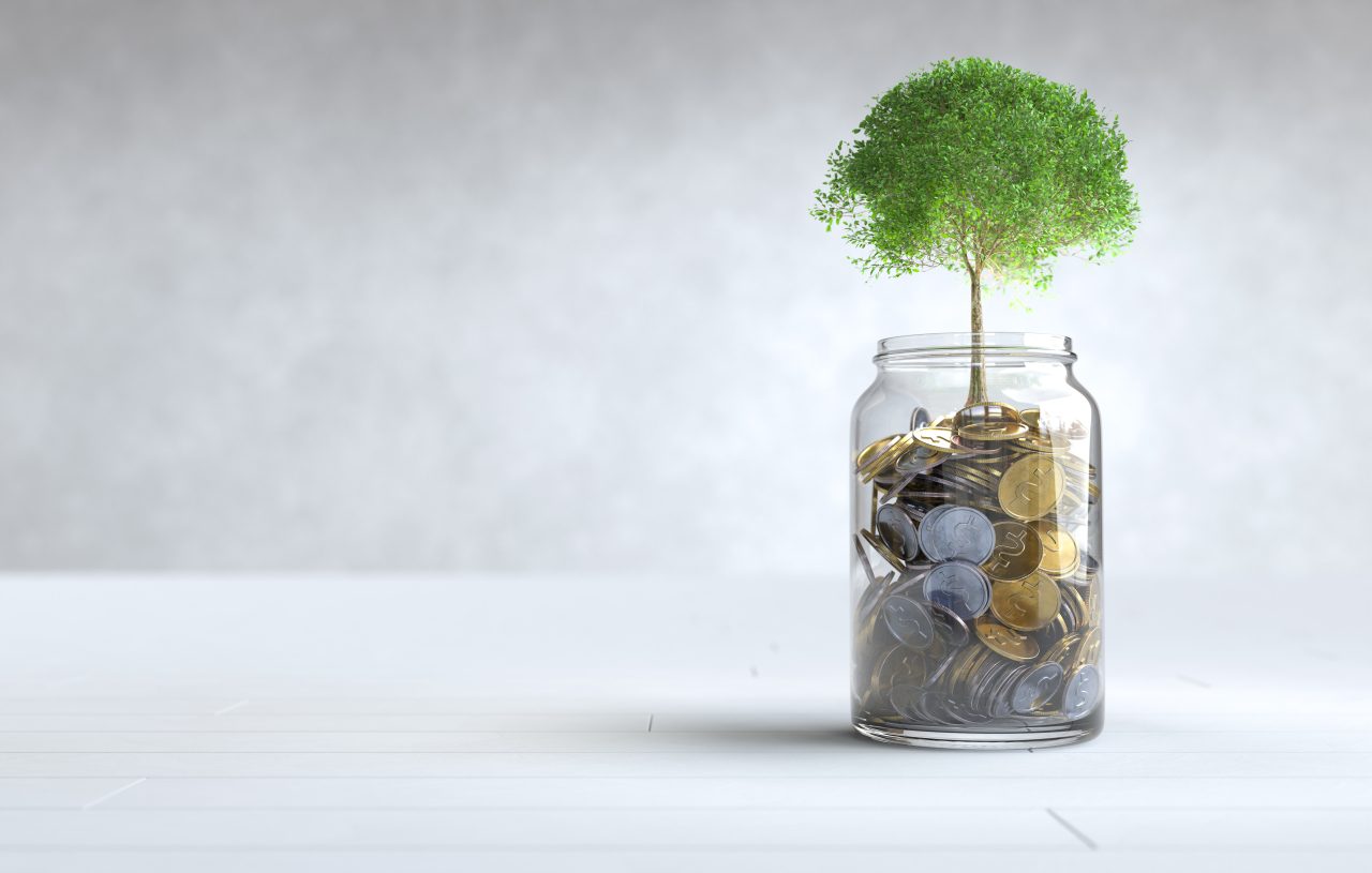 A tree grows on a coin in a glass jar, Money saving concept. 3D illustration